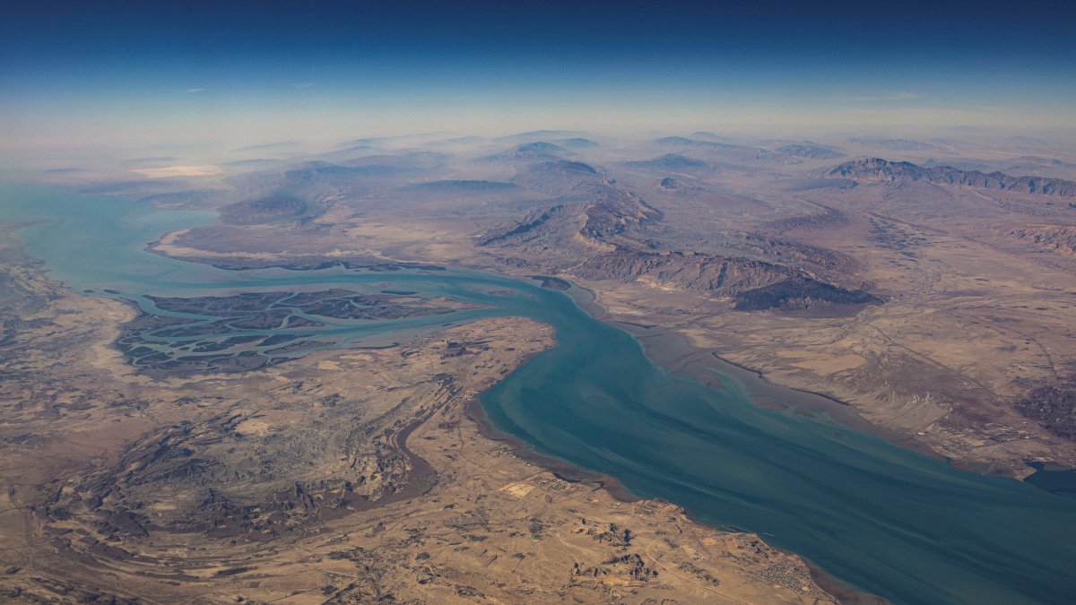 An aerial view of the Iranian shores and the island of Qeshm in the Strait of Hormuz, Dec. 10, 2023. (Reuters Photo)
