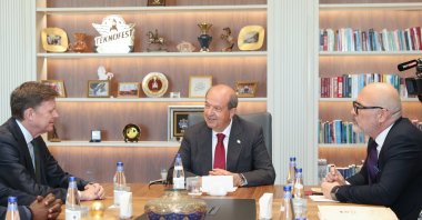 Turkish Republic of Northern Cyprus President Ersin Tatar (C) is seen with the head of the U.N. Peacekeeping Force in Cyprus mission, Colin Stewart (L), Nicosia (Lefkoşa), TRNC, July 1, 2025 (AA Photo)