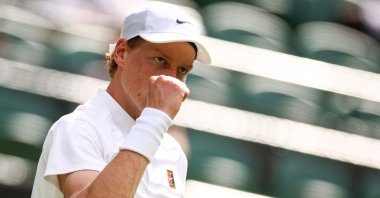 Italy&#039;s Jannik Sinner celebrates after winning against Italy&#039;s Luca Nardi during their men&#039;s singles first round tennis match on the second day of the 2025 Wimbledon Championships at the All England Lawn Tennis and Croquet Club in Wimbledon, London, U.K., July 1, 2025. (AFP Photo)