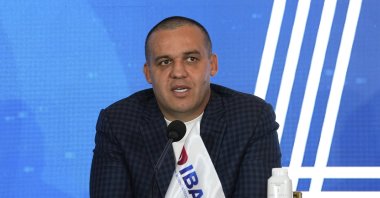 The Russian president of the International Boxing Association, Umar Kremlev, gives a press conference, Paris, France, Nov. 16, 2023. (AP Photo)