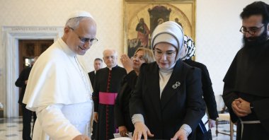 First lady Emine Erdoğan and Pope Leo XIV speak during their meeting at the Apostolic Palace, Vatican City, July 2, 2025. (AA Photo)