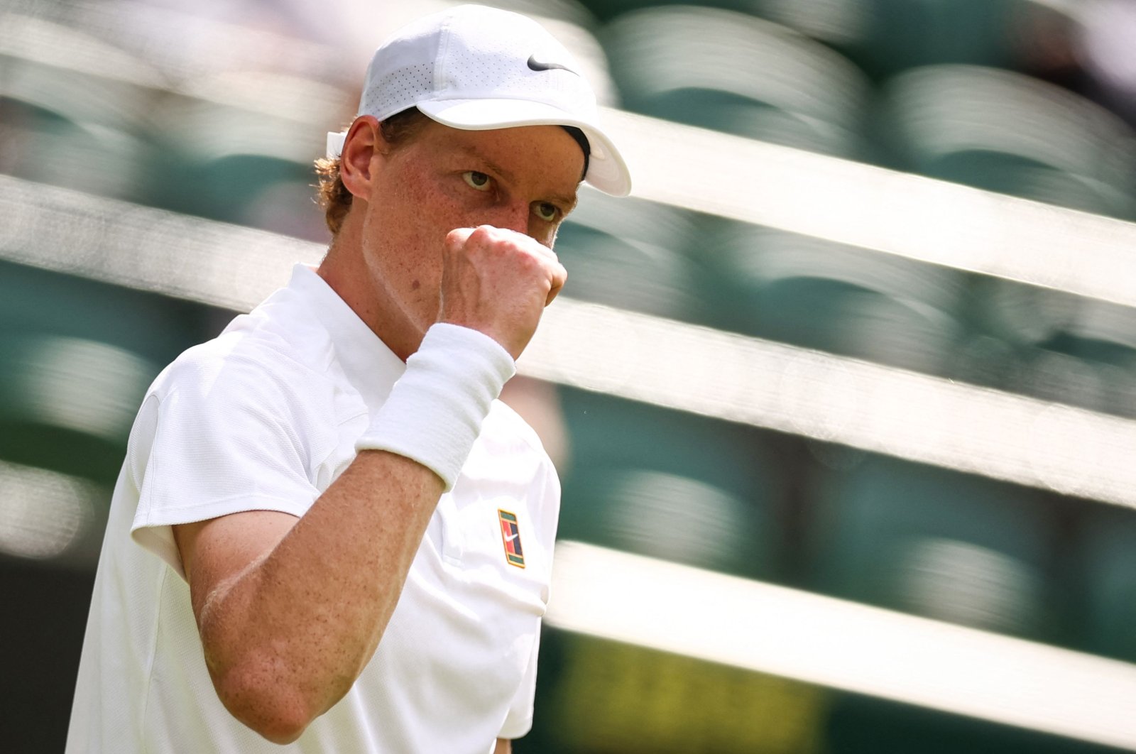 Italy's Jannik Sinner celebrates after winning against Italy's Luca Nardi during their men's singles first round tennis match on the second day of the 2025 Wimbledon Championships at the All England Lawn Tennis and Croquet Club in Wimbledon, London, U.K., July 1, 2025. (AFP Photo)