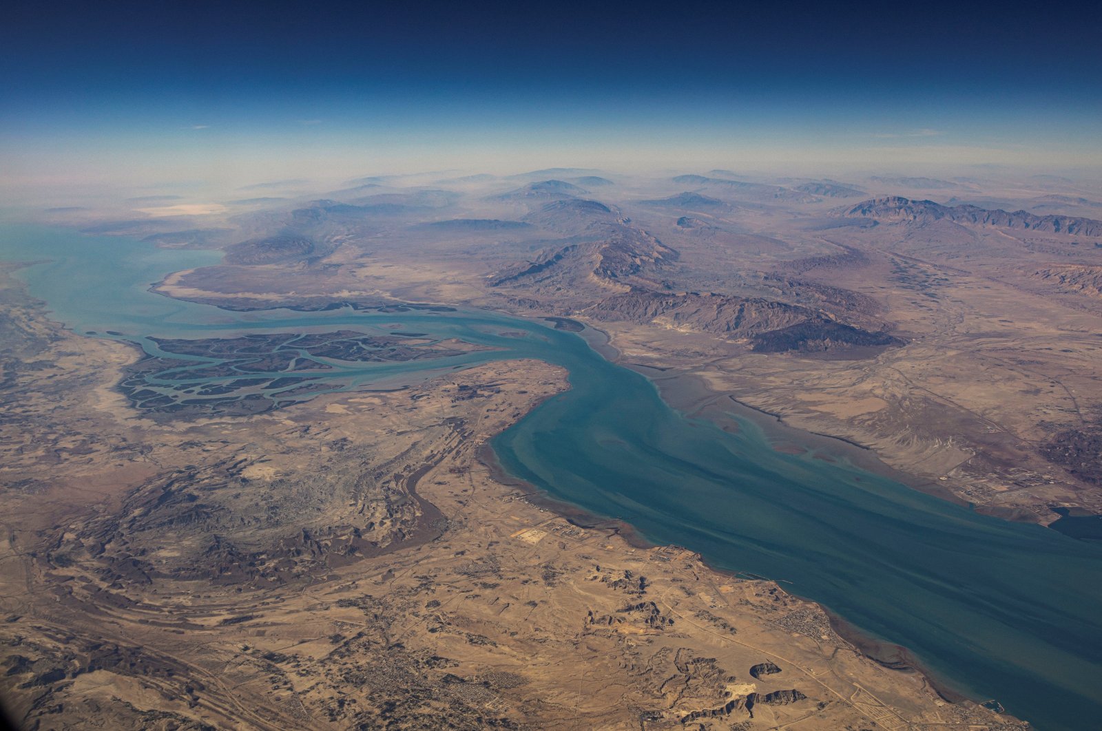 An aerial view of the Iranian shores and the island of Qeshm in the Strait of Hormuz, Dec. 10, 2023. (Reuters Photo)