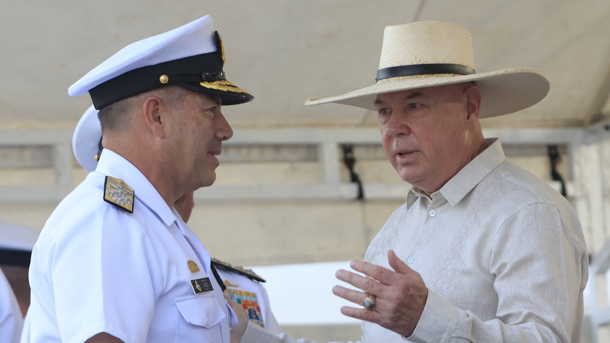 Commander of the Colombian Navy, Vice Admiral Juan Ricardo Rozo (L), speaks with the ChargÃ© dâ€™Affaires of the United States Embassy, John McNamara, during a ceremony in Cartagena, Colombia, June 19, 2025. (EPA Photo)