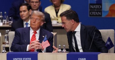 U.S. President Donald Trump and NATO Secretary-General Mark Rutte speak during a NATO summit, The Hague, Netherlands, June 25, 2025. (Reuters Photo)