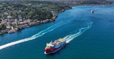 An aerial view of the Oruç Reis vessel as it traverses the sea, Istanbul, Türkiye, July 3, 2025. (AA Photo)