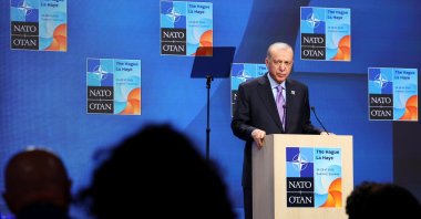 President Recep Tayyip Erdoğan speaks during a press conference at the NATO summit, The Hague, Netherlands, June 25, 2025. (Reuters Photo)