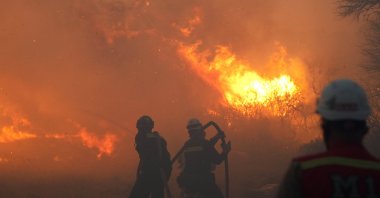 Firefighting teams coordinate aerial and ground efforts to control the spreading forest fire in Ödemiş district, Izmir, Türkiye, July 2, 2025. (AA photo)