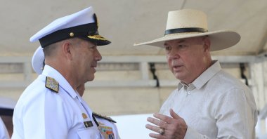 Commander of the Colombian Navy, Vice Admiral Juan Ricardo Rozo (L), speaks with the ChargÃ© dâ€™Affaires of the United States Embassy, John McNamara, during a ceremony in Cartagena, Colombia, June 19, 2025. (EPA Photo)