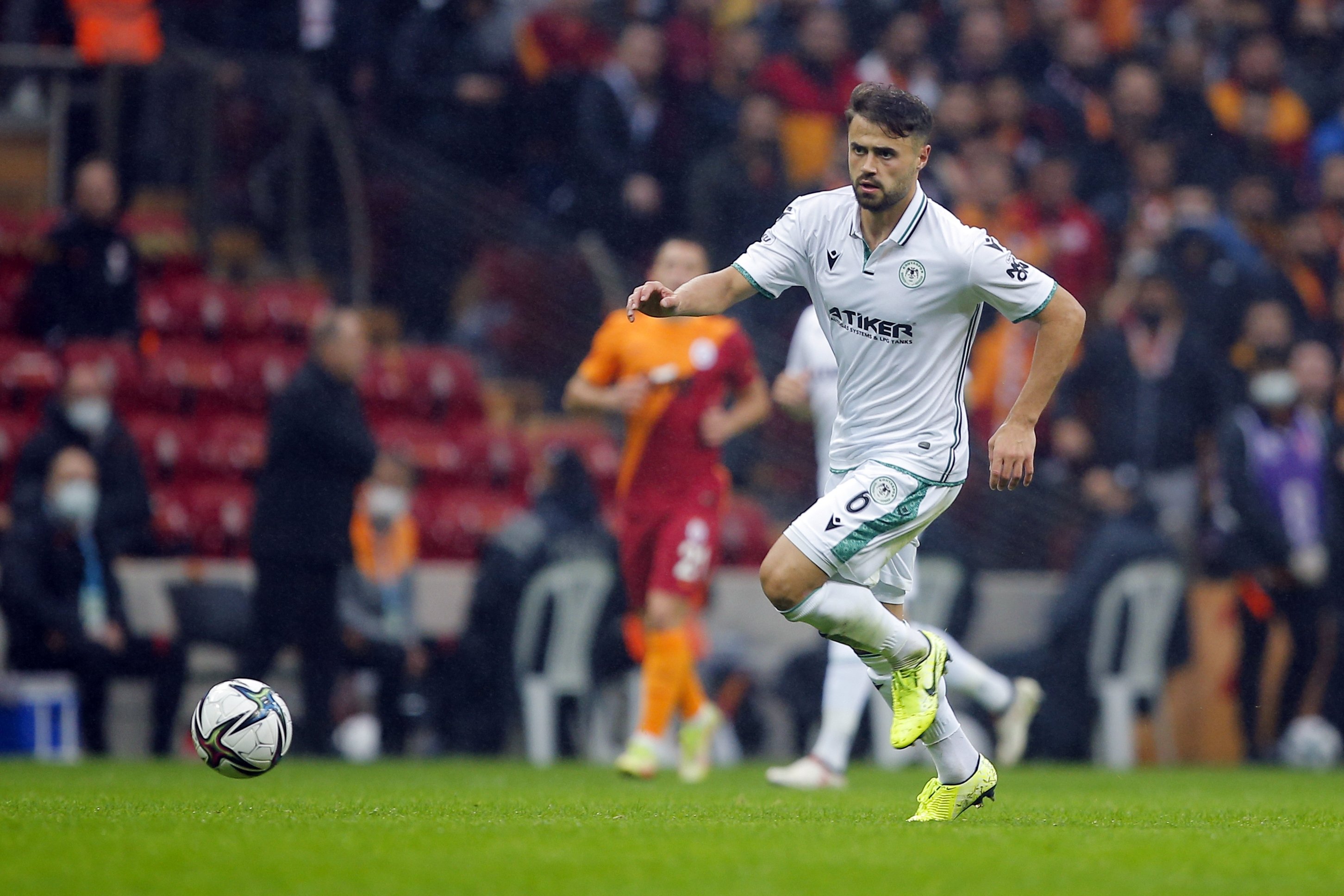 Konyaspor's Ahmet Çalik plays the ball during a Turkish Süper Lig match between Galatasaray and Konyaspor at Nef stadium, Istanbul, Türkiye, Oct. 17, 2021. (AP Photo)