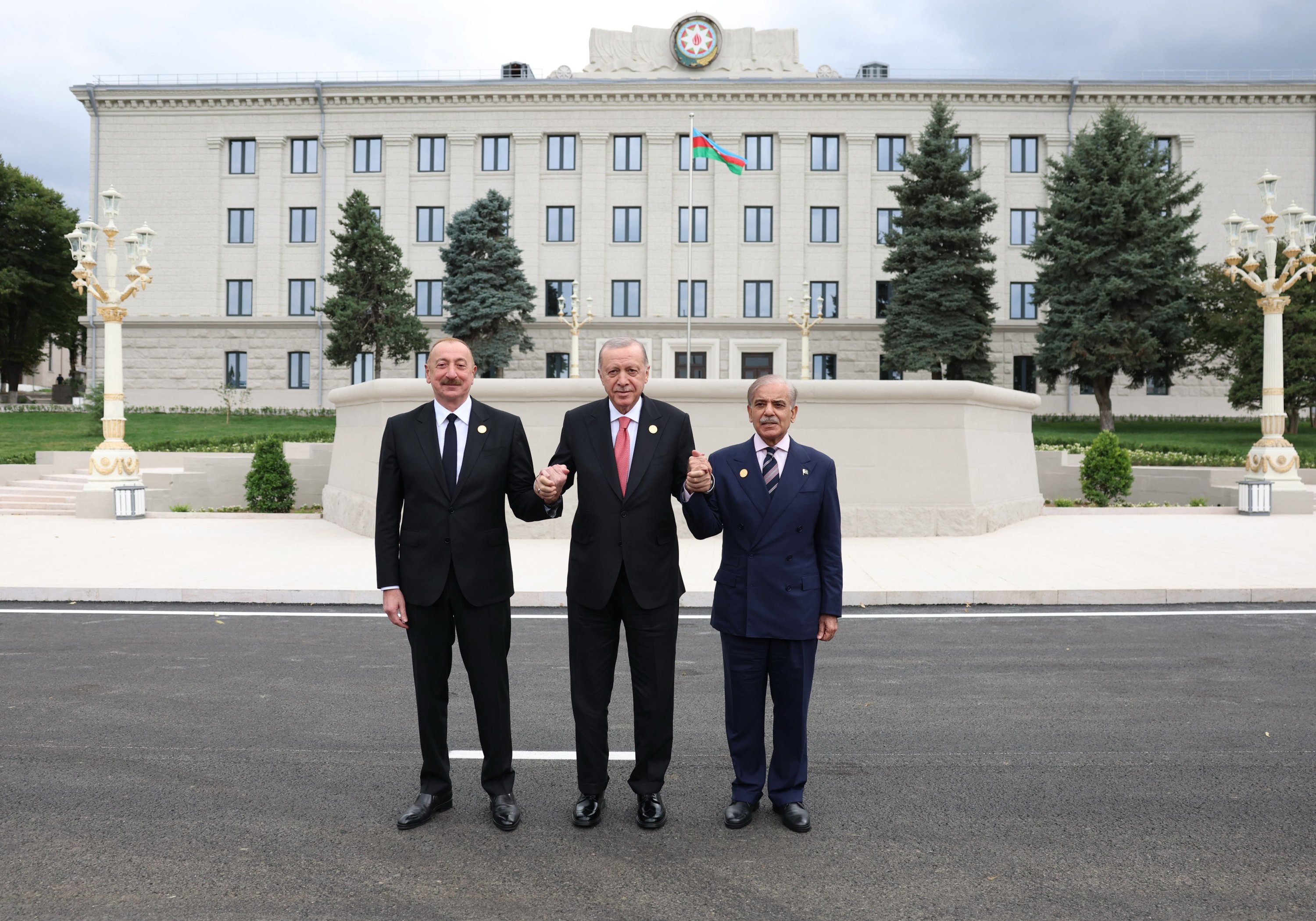 President Recep Tayyip Erdoğan, Azerbaijani President Ilham Aliyev and Pakistani Prime Minister Shahbaz Sharif pose for a photo in Khankendi, July 4, 2025. (IHA Photo)