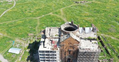An aerial view of restoration work underway at the Fethiye Mosque, formerly the Ani Cathedral, located within the UNESCO-listed Ani ruins, Kars, Türkiye, July 3, 2025. (AA Photo)