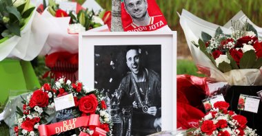 Flower tributes are left outside Liverpool&#039;s Anfield Stadium after Liverpool&#039;s Portuguese player Diogo Jota died in a car crash near Zamora, Spain, Liverpool, U.K., July 4, 2025. (Reuters Photo)