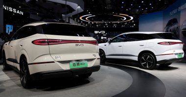 A BYD Sealion 06 electric vehicle (EV) is displayed alongside a BYD Sealion 05 DM-i during a media day for the Auto Shanghai show, Shanghai, China, April 23, 2025. (Reuters Photo)