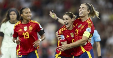 Spain&#039;s Alexia Putella (R) celebrates scoring with Esther Gonzalez (C) and Vicky Lopez during the Euro 2025, group B, match between Spain and Portugal at Stadion Wankdorf, Bern, Switzerland, July 3, 2025. (AP Photo)