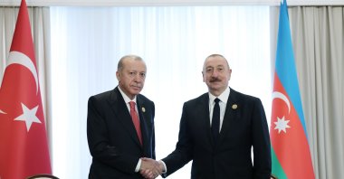 President Recep Tayyip Erdoğan and Azerbaijan&#039;s President Ilham Aliyev shake hands after talks in Khankendi, July 4, 2025. (IHA Photo)