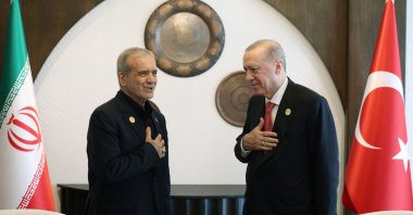 President Tayyip Erdoğan meets with Iranian President Masoud Pezeshkian on the sidelines of the 17th Summit of the Economic Cooperation Organization (ECO) member states, in Khankendi, Azerbaijan, July 4, 2025. (Presidential Press Office/Handout via Reuters)