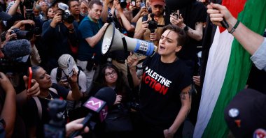 Palestine Action activist Lisa Luxx speaks to supporters and members of the media outside the High Court in London on July 4, 2025. (AFP Photo)