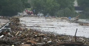 Water rises from severe flooding along the Guadalupe River.in Kerr County, Texas on Friday, July 4, 2025.  (KSAT via AP)  