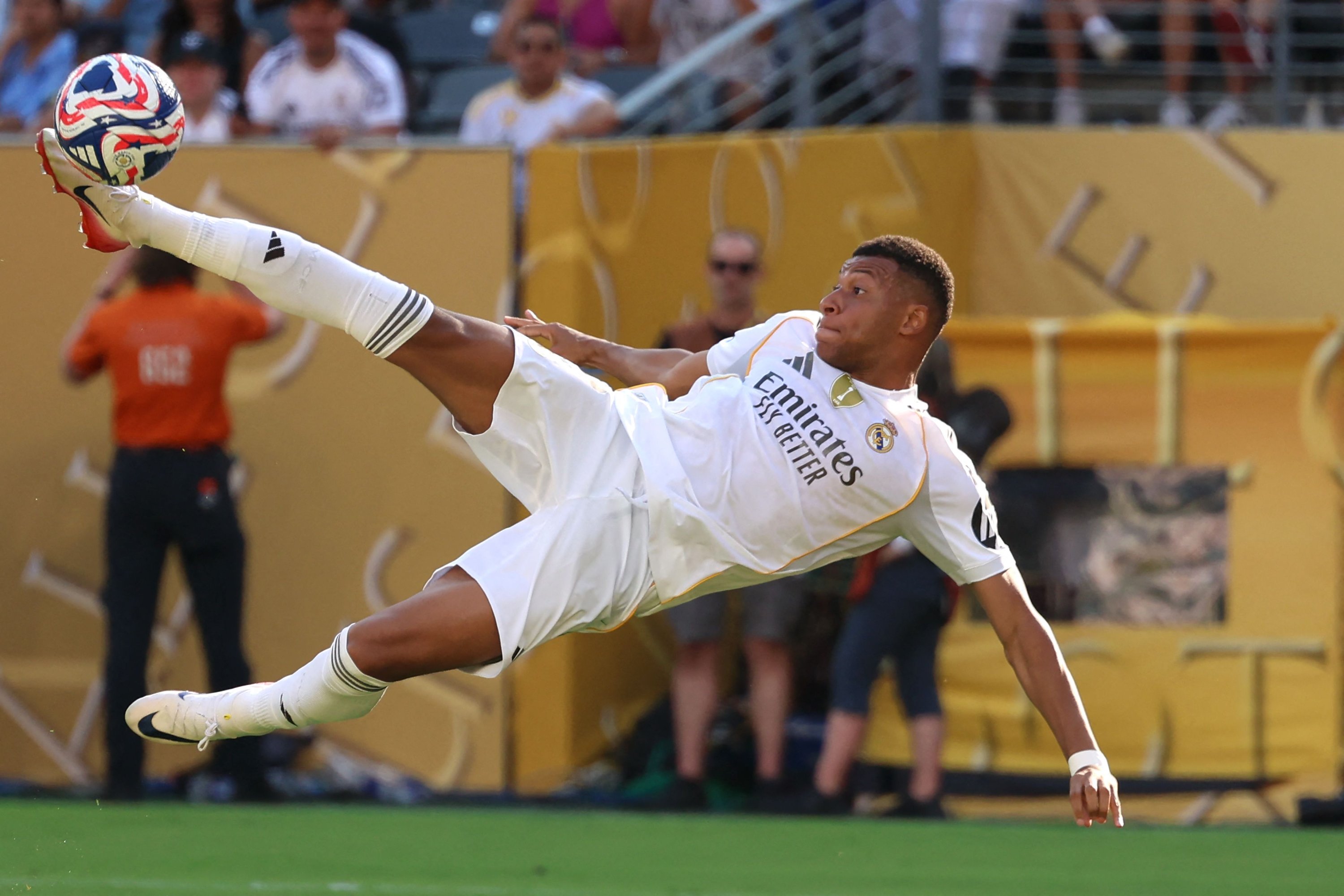 Real Madrid's Kylian Mbappe scores his team's third goal during the FIFA Club World Cup 2025 quarterfinal football match against Borussia Dortmund, New Jersey, U.S., July 5, 2025. (AFP Photo)