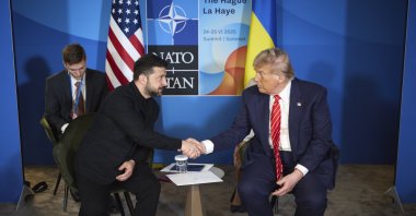 A handout photo made available by the Presidential Press Service of Ukraine shows Ukrainian President Volodymyr Zelenskyy (L) and U.S. President Donald Trump shaking hands during a meeting on the sidelines of the NATO summit, The Hague, Netherlands, June 25, 2025. (EPA Photo)