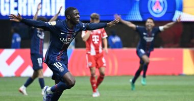 Paris Saint-Germain&#039;s Ousmane Dembele celebrates scoring his team&#039;s second goal during the FIFA Club World Cup 2025 quarterfinal against Bayern Munich, Atlanta. U.S., July 5, 2025. (AFP Photo)