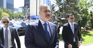 Foreign Minister Hakan Fidan arrives for an event at Justice and Development Party (AK Party) headquarters, Ankara, Türkiye, July 1, 2025. (AA Photo)