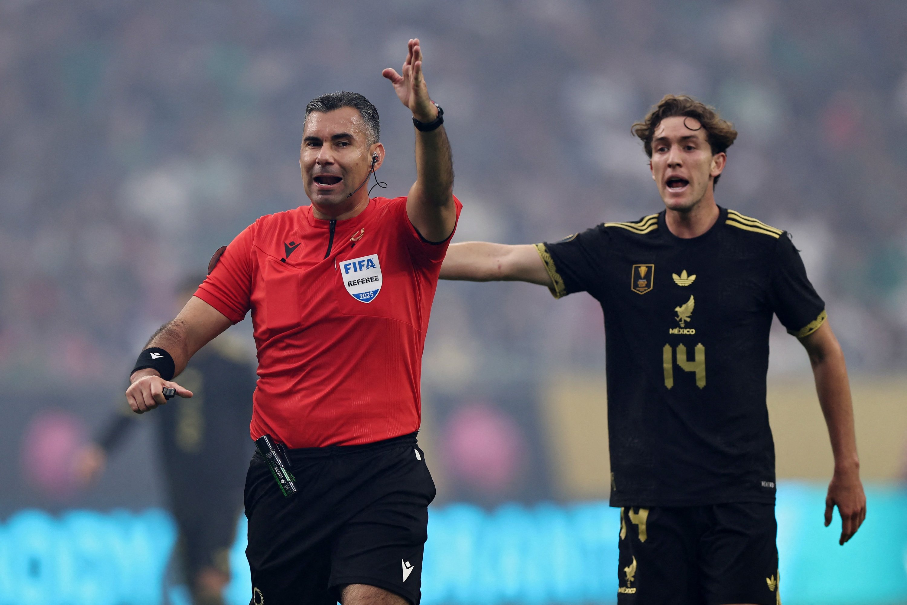 Referee Mario Escobar calls a foul in the first half during the finals of the CONCACAF Gold Cup 2025 between the USMNT and Mexico at NRG Stadium, Houston, U.S., July 6, 2025. (AFP Photo)