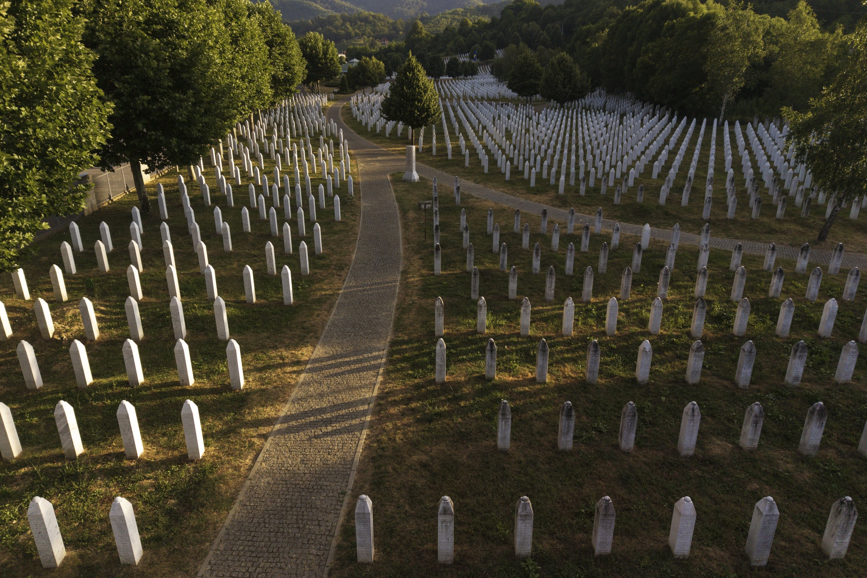 An aerial view of the Srebrenica Genocide Memorial Center in Potocari, Bosnia, June 28, 2025. (AP Photo)