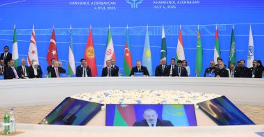 Azerbaijan&#039;s President Ilham Aliyev gives a speech during the 17th Summit of the Economic Cooperation Organization (ECO) member states, Khankendi, Azerbaijan, July 4, 2025. (Reuters Photo)