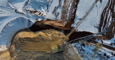 In an aerial view, machinery is operated in a quarry for mining sand, gravel, clay and kaolin, Donetsk Oblast, Ukraine, Feb. 20, 2025. (Getty Images Photo)