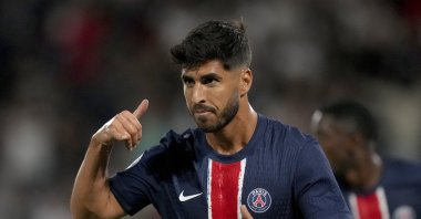 PSG&#039;s Marco Asensio celebrates after scoring his side&#039;s second goal during the French League 1 match between Paris Saint-Germain and Montpellier at the Parc des Princes, Paris, France, Aug. 23, 2024. (AP Photo)