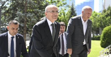 Treasury and Finance Minister Mehmet Şimşek arrives for a meeting with ruling Justice and Development Party (AK Party) lawmakers, Ankara, Türkiye, July 1, 2025. (AA Photo)