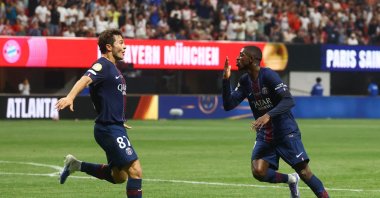 Paris Saint-Germain&#039;s Ousmane Dembele (R) celebrates scoring their second goal with Joao Neves during the FIFA Club World Cup quarterfinal against Bayern Munich at the Mercedes-Benz Stadium, Atlanta, U.S., July 5, 2025. (Reuters Photo)