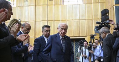 MHP leader Devlet Bahçeli arrives for his party's parliamentary group meeting, Ankara, Türkiye, July 8, 2025. (AA Photo)