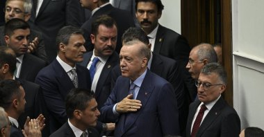 President Recep Tayyip Erdoğan greets supporters before his speech, Ankara, Türkiye, July 9, 2025. (AA Photo)