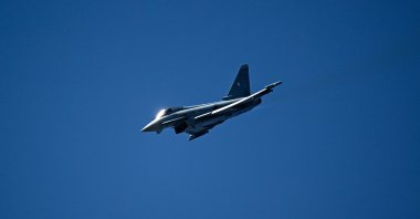 A Eurofighter Typhoon jet performs during an exhibition flight demonstration as part of the 55th edition of the International Paris Air Show at the Paris-Le Bourget Airport, Paris, France, June 18, 2025. (AFP Photo)