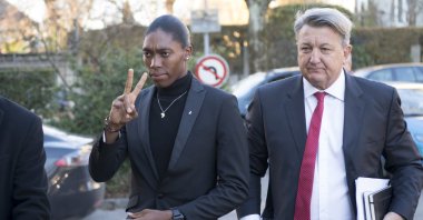 Caster Semenya (L) and her lawyer Gregory Nott arrive for the first day of a hearing at the International Court of Arbitration for Sport (CAS), Lausanne, Switzerland, Feb. 18, 2019. (AP Photo)