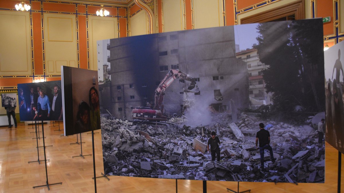 Photos on display at the exhibition &quot;Occupied Territories,&quot; featuring powerful photographs by Italian photojournalist Fabio Bucciarelli taken in Palestine and Lebanon, Sarajevo, Bosnia-Herzegovina, July 9, 2025. (AA Photo)