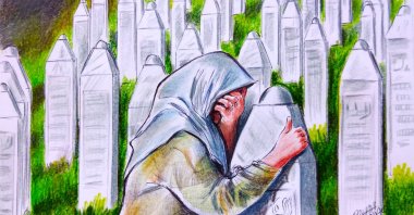 "At least 8,372 people, mostly men and boys, and around 600 female babies, women and girls as well, have already been identified and buried in Potočari Memorial Center so far." (Illustration by Erhan Yalvaç)