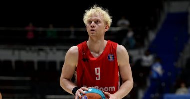 MBA Moscow&#039;s Daniil Kasatkin in action during the Kondrashin and Belov Cup, between Pari Nizhny Novgorod, Saint Petersburg, Russia, Sept. 9, 2023. (Getty Images Photo)