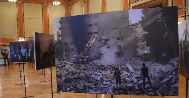 Photos on display at the exhibition &quot;Occupied Territories,&quot; featuring powerful photographs by Italian photojournalist Fabio Bucciarelli taken in Palestine and Lebanon, Sarajevo, Bosnia-Herzegovina, July 9, 2025. (AA Photo)