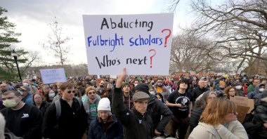 Demonstrators take part in the "Stand with Rumeysa Öztürk" protest, Somerville, Massachusetts, U.S., March 26, 2025. (Reuters File Photo)