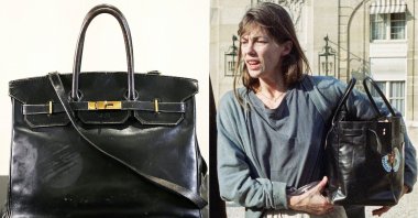 This combination of pictures created on July 9, 2025, shows the &quot;Birkin&quot; bag by Hermes, which belonged to British-French actress and singer Jane Birkin at the Sotheby&#039;s auction house in Paris. (AFP Photo)