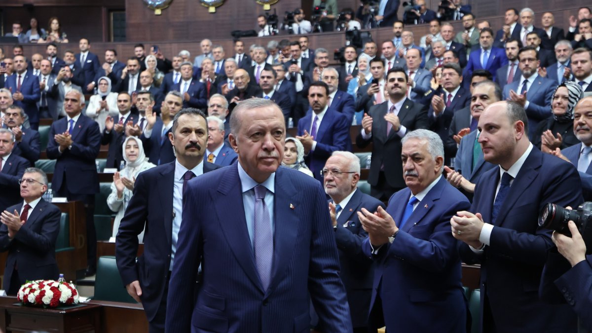 President Recep Tayyip Erdoğan is seen at a parliamentary group meeting of his ruling Justice and Development Party (AK Party), Ankara, Türkiye, July 9, 2025. (IHA Photo)