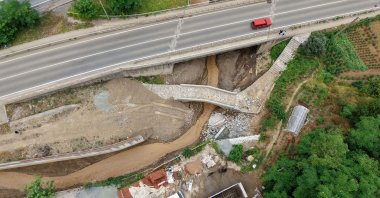 An aerial view shows the 200-year-old Doğançay Bridge, Trabzon, Türkiye, July 11, 2025. (DHA Photo)