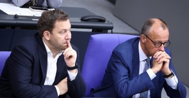 German Chancellor Friedrich Merz (R) sits next to Finance Minister Lars Klingbeil in the plenary hall as the Bundestag, Germany’s lower house of parliament, is set to vote on three judicial appointments to the Federal Constitutional Court, requiring a two-thirds majority, Berlin, Germany, July 11, 2025. (Reuters Photo)
