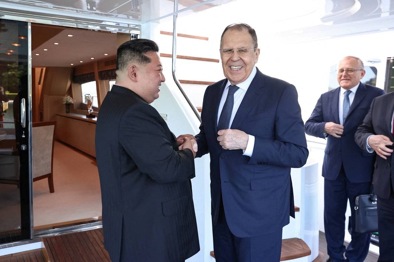 North Korean leader Kim Jong Un shakes hands with Russian Foreign Minister Sergei Lavrov during a meeting in Wonsan, North Korea, July 12, 2025. (Reuters Photo)