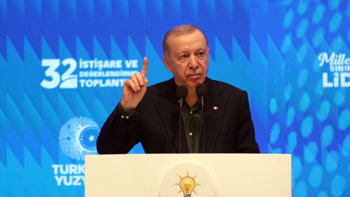 President Recep Tayyip Erdoğan delivers a speech at the 32nd Consultation and Evaluation Meeting of his ruling Justice and Development Party (AK Party) in the capital Ankara, in Ankara, Türkiye, July 12, 2025. (EPA Photo)