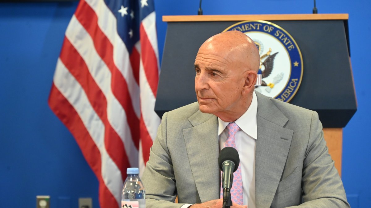 U.S. Ambassador to Türkiye and Special Envoy for Syria Tom Barrack talks to reporters at a press conference in New York, U.S., July 11, 2025. (AA Photo)